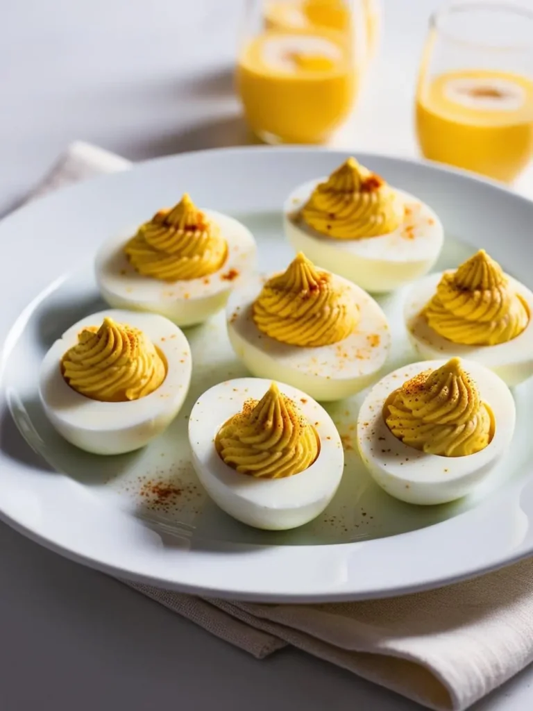 A plate of beautifully arranged deviled eggs. Each egg half is filled with a creamy yellow filling and sprinkled with a dusting of paprika. The eggs are arranged on a white plate with a linen napkin and two glasses of a golden liquid in the background.