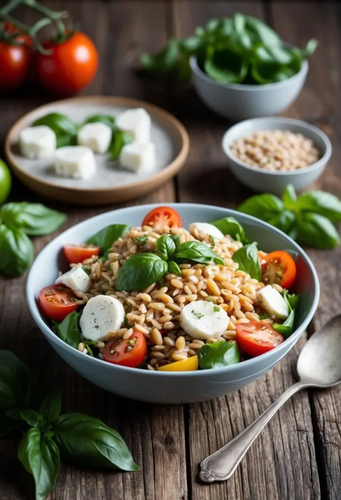 A bowl of farro salad with tomatoes, mozzarella, and basil, surrounded by fresh ingredients and a rustic wooden table