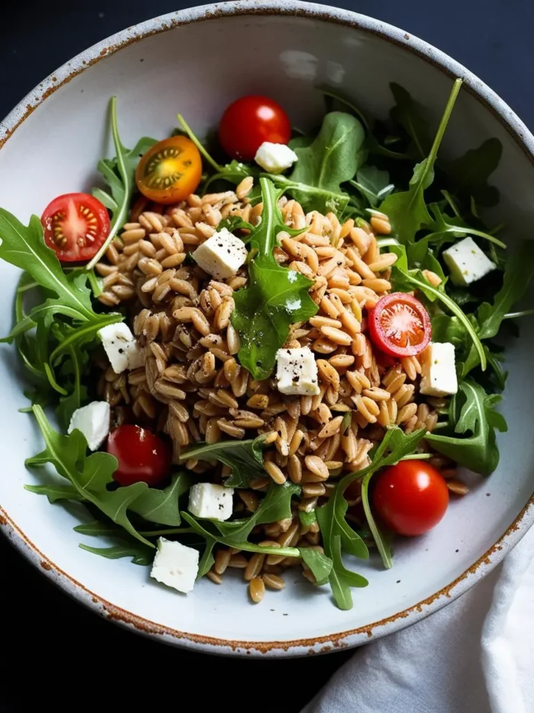 A fresh farro salad with peppery arugula, cherry tomatoes, and cubes of feta cheese in a rustic bowl. The farro is lightly dressed and garnished with cracked black pepper, creating a colorful, nutritious dish with a balance of chewy, creamy, and crisp textures.