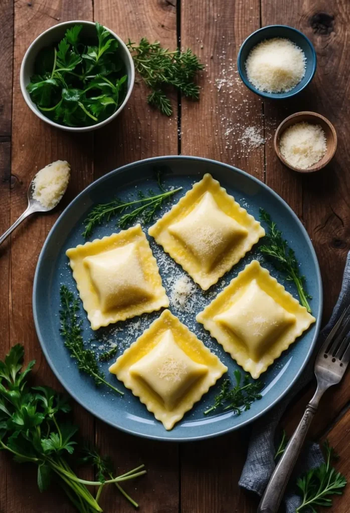 A rustic wooden table set with a platter of four cheese ravioli surrounded by fresh herbs and grated parmesan