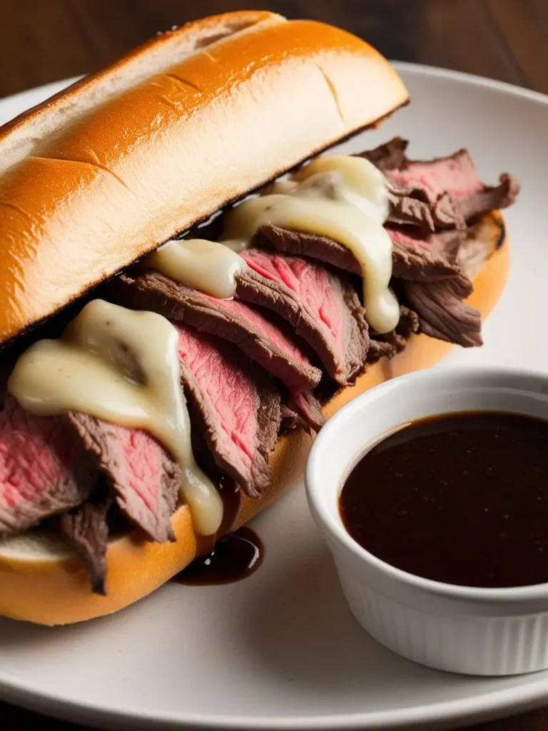 A French dip sandwich with thinly sliced roast beef, melted cheese, and a side of au jus dipping sauce. The sandwich looks incredibly appetizing and perfect for a satisfying meal.