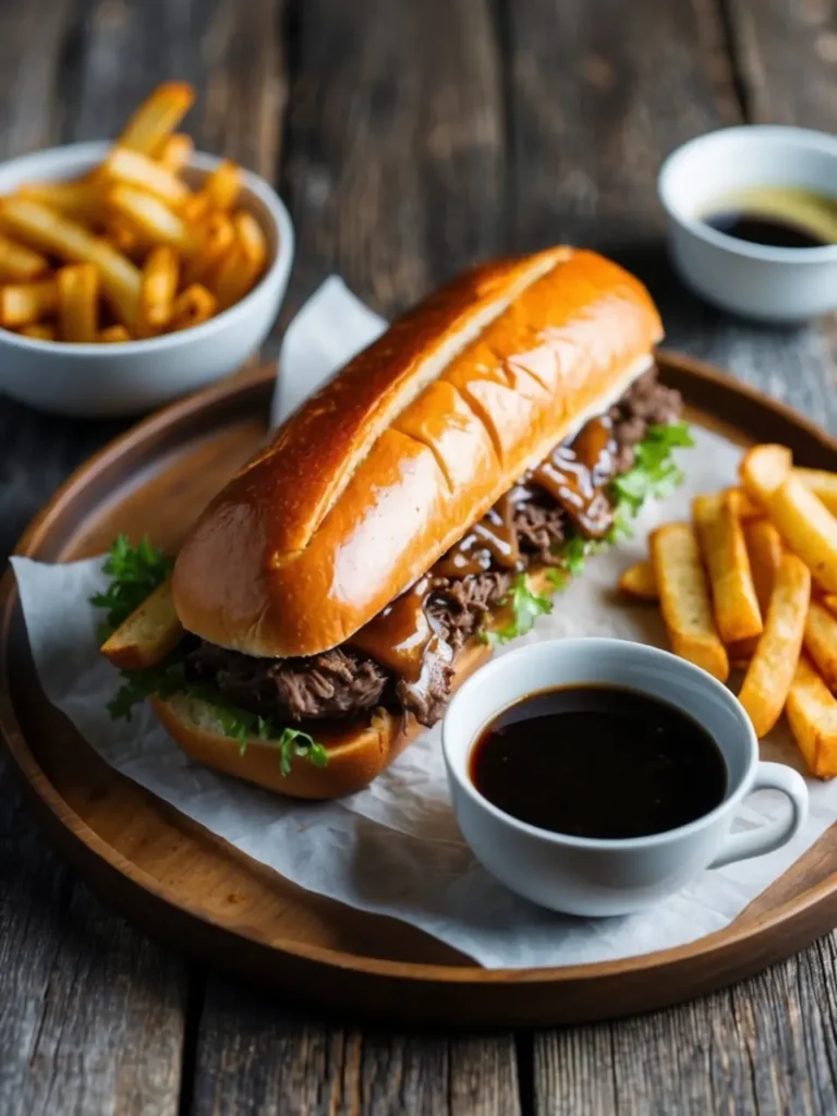 A French dip sandwich with thinly sliced roast beef, melted cheese, and au jus sauce on a toasted hoagie roll, served with a side of crispy french fries.