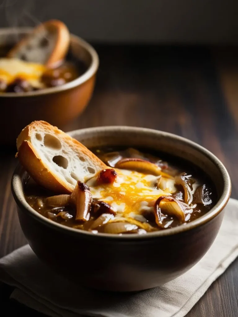 Two bowls of steaming French onion soup topped with melted cheese and toasted bread. The soup looks rich and flavorful, perfect for a cold winter day.