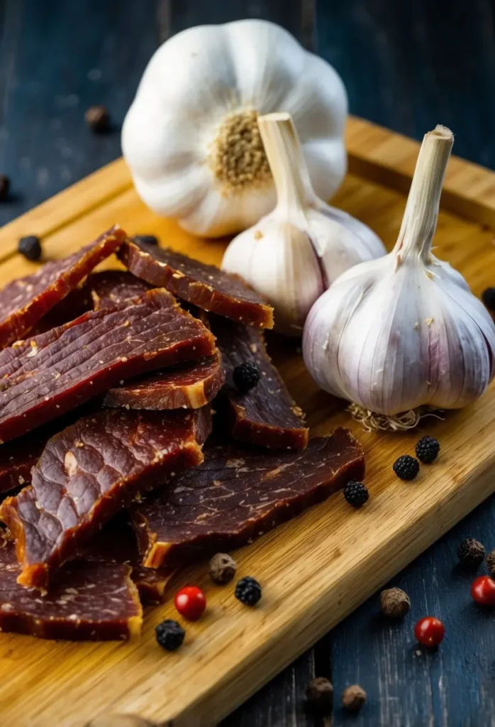 A wooden cutting board with garlic bulbs and black peppercorns scattered around a pile of beef jerky slices