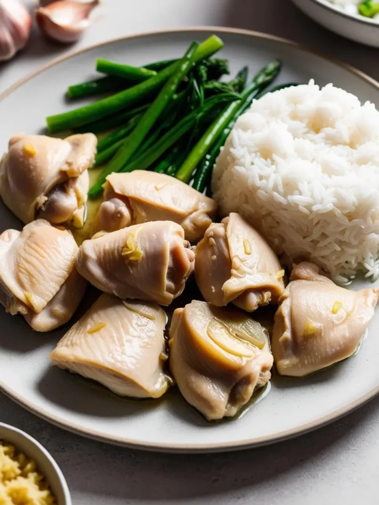 A plate of tender poached chicken thighs served with a side of steamed rice and blanched asparagus. The chicken looks juicy and flavorful, and the dish is garnished with fresh herbs and garlic.