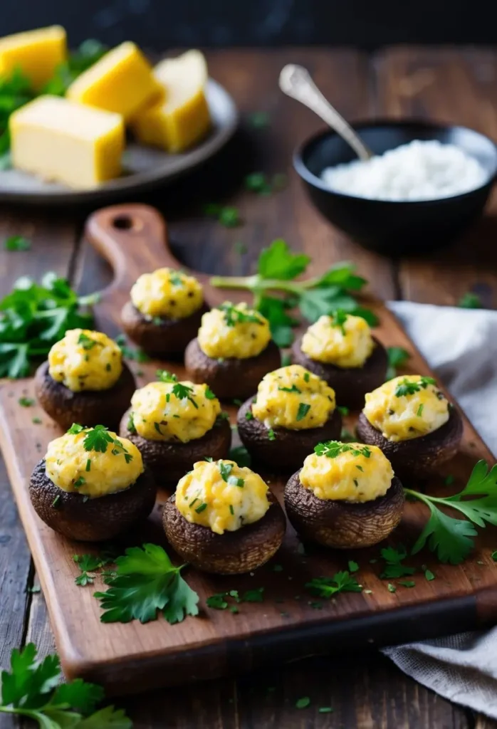 A wooden board overflowing with savory stuffed mushrooms. Each mushroom cap is filled with a creamy, cheesy filling and sprinkled with fresh parsley. A plate of polenta and a bowl of grated cheese are visible in the background.