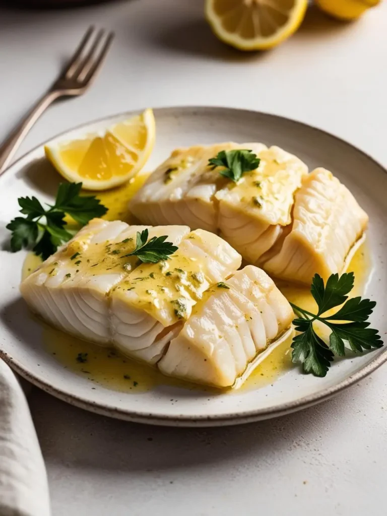 A plate of flaky cod fillets topped with a buttery lemon sauce and fresh parsley. The fish is cooked to perfection, with a golden brown crust and tender white flesh.