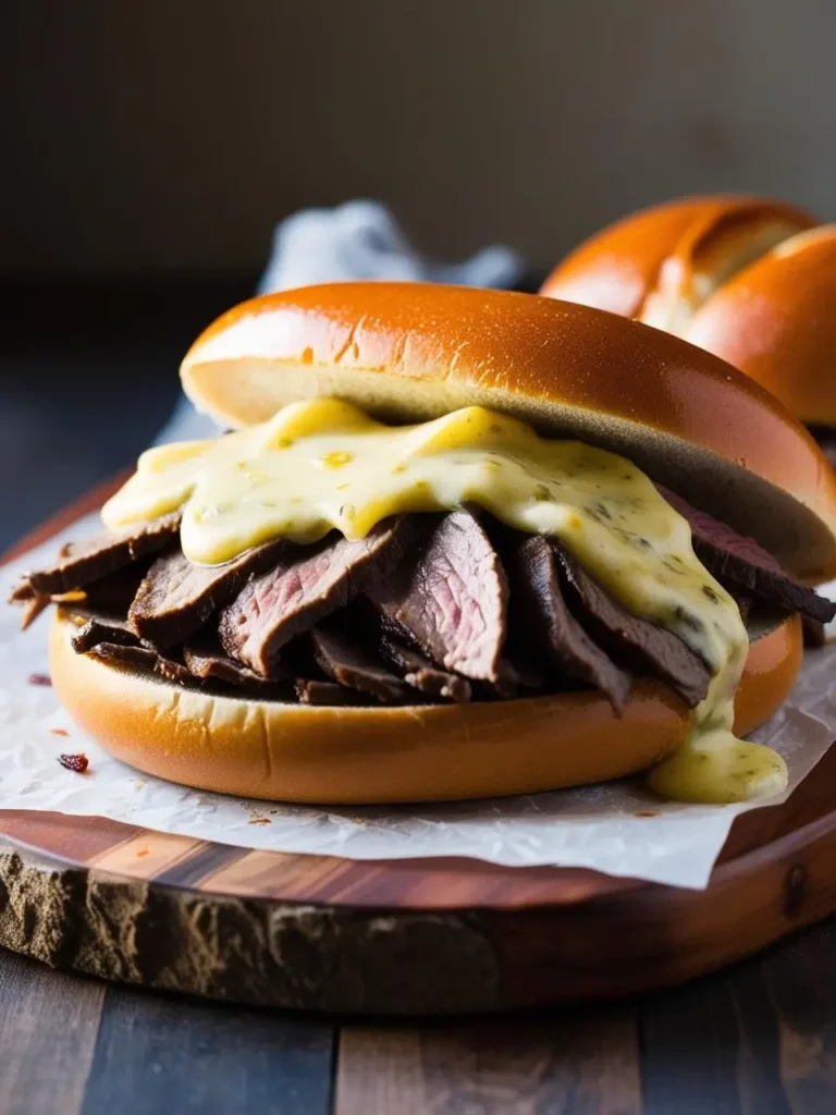 A cheesesteak sandwich with thinly sliced steak, melted cheese, and a drizzle of creamy horseradish sauce on a toasted roll. The sandwich looks incredibly appetizing and perfect for a satisfying meal.