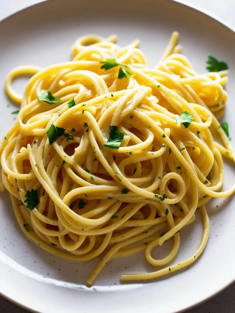 A plate of spaghetti tossed in a creamy garlic and butter sauce, garnished with fresh parsley. The pasta looks incredibly appetizing and flavorful.