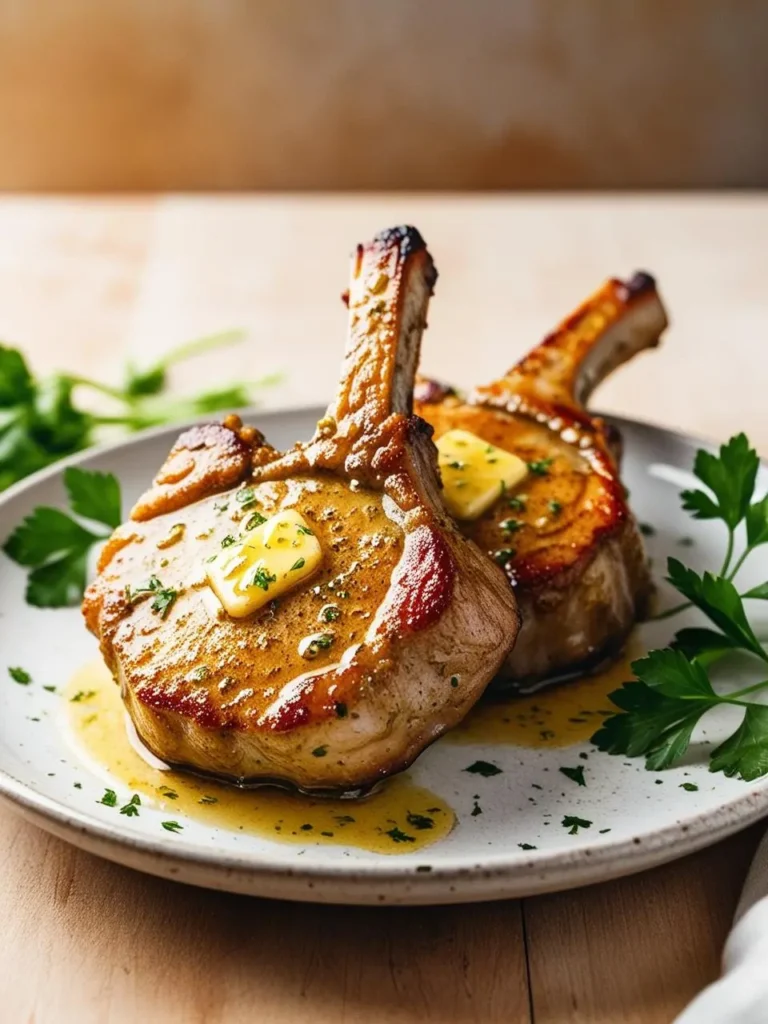 Two perfectly seared pork chops, glistening with melted butter and herbs, rest on a plate. The chops are golden brown and juicy, with a hint of crispiness.