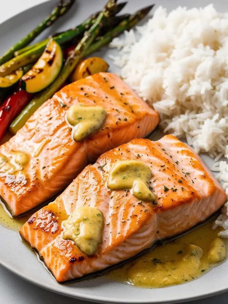 A plate of pan-seared salmon. The salmon fillets are cooked to a beautiful golden brown and topped with a creamy mustard sauce. The plate is also filled with fluffy white rice and a side of grilled vegetables, including asparagus, zucchini, and bell peppers. It's a visually appealing and healthy meal.