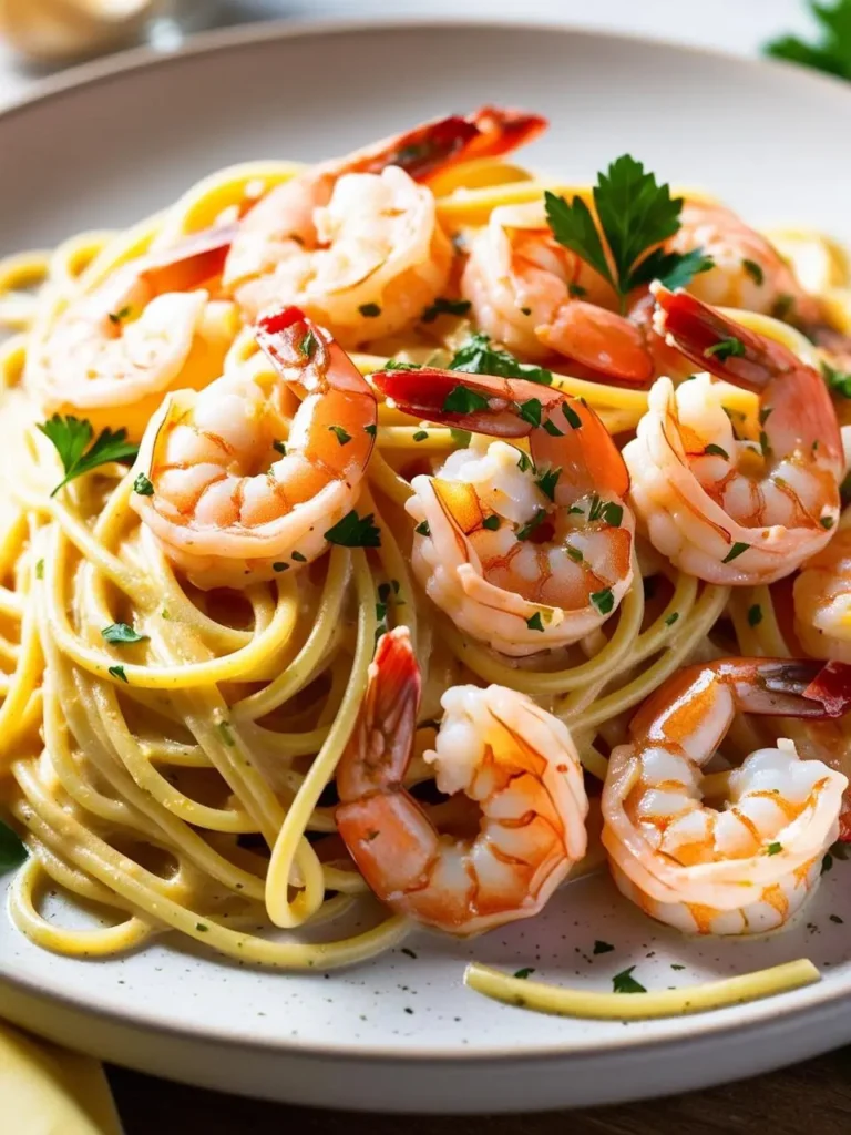 A plate of spaghetti with shrimp and a creamy sauce. The shrimp look juicy and perfectly cooked, and the sauce appears to be creamy and flavorful. The dish is garnished with fresh parsley, adding a touch of freshness.