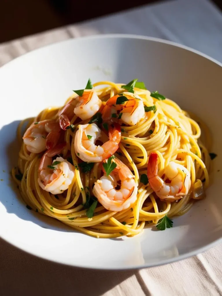 A plate of spaghetti with shrimp. The spaghetti is cooked al dente and tossed in a light, buttery sauce. The shrimp are cooked to perfection and are scattered over the pasta. The dish is garnished with fresh parsley. It looks delicious and inviting.