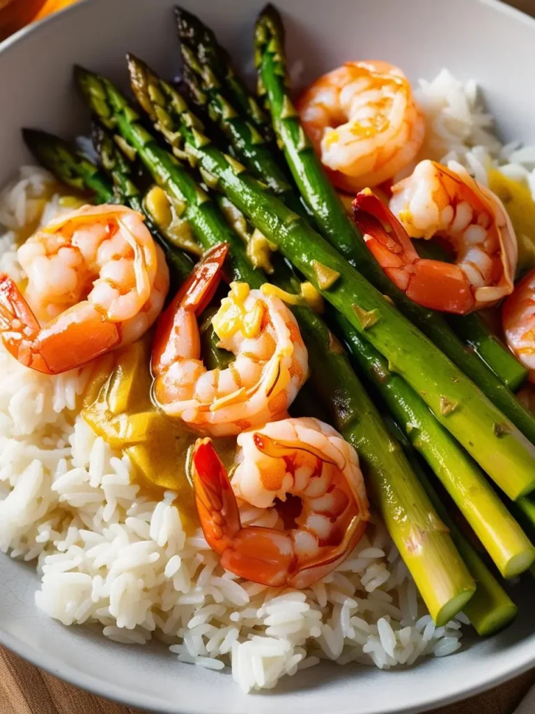 A bowl of shrimp and asparagus stir-fry over a bed of white rice. The dish looks colorful and flavorful, with the shrimp cooked to a perfect pink hue and the asparagus spears vibrant green. The sauce adds a glossy sheen, making it even more appetizing.