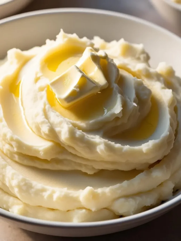 A close-up view of a bowl of creamy mashed potatoes. The potatoes are smooth and fluffy, with a pat of melted butter and a drizzle of olive oil on top.