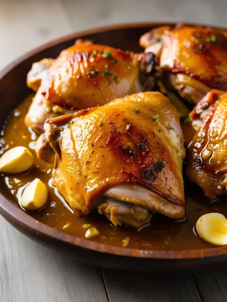 A close-up image of roasted turkey thighs in a brown wooden dish. The thighs are golden brown and glazed, with garlic cloves scattered around them. The image looks incredibly appetizing and perfect for a holiday meal.