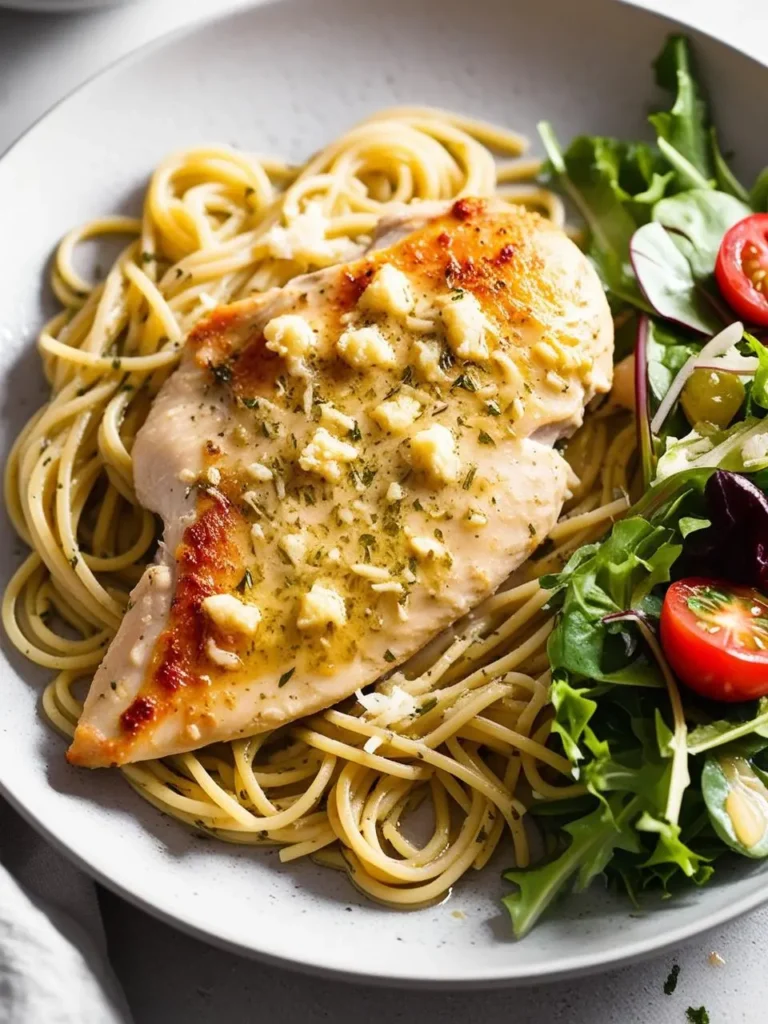 A plate of pan-seared chicken breast served over a bed of spaghetti. The chicken is topped with melted butter and fresh herbs, and the plate is accompanied by a side salad of mixed greens and cherry tomatoes. It looks like a light and flavorful meal.