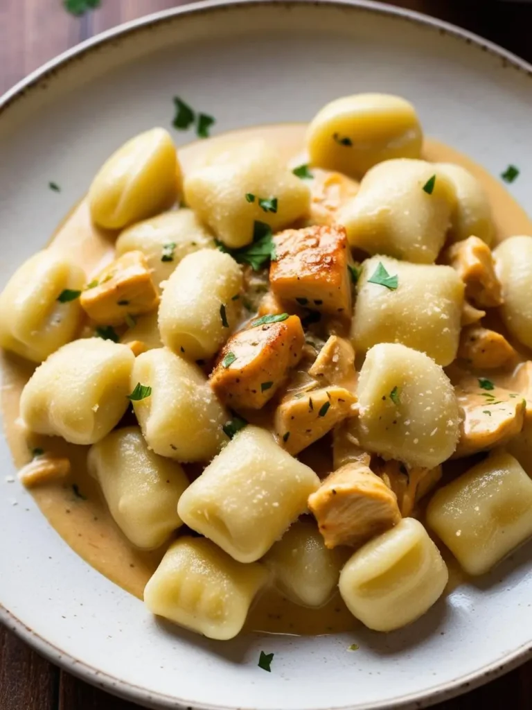 A plate of creamy chicken and gnocchi. The gnocchi are soft and pillowy, and the chicken is tender and juicy. The dish is covered in a creamy sauce and garnished with fresh parsley. It looks delicious and inviting.