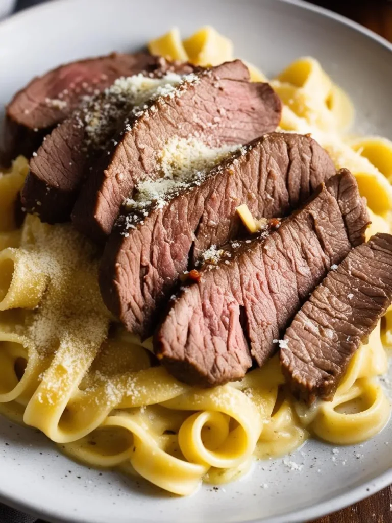 A plate of tender slices of steak resting on a bed of creamy fettuccine pasta. The steak is seasoned and cooked to perfection, and the pasta is coated in a rich, buttery sauce. The dish looks incredibly appetizing.