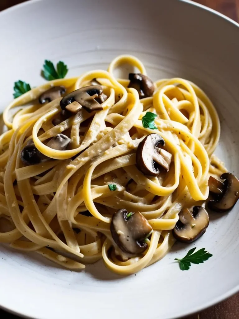 A plate of fettuccine pasta coated in a creamy, mushroom-based sauce. The mushrooms are sliced and cooked until tender, and the sauce is rich and flavorful. The dish is sprinkled with fresh parsley, adding a touch of freshness.