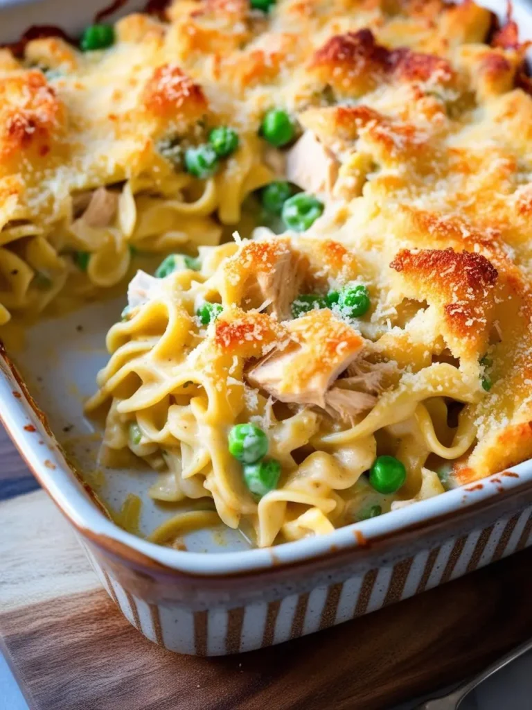 A close-up view of a creamy tuna noodle casserole in a white ceramic baking dish. The casserole is topped with melted cheese, peas, and noodles, and a scoop has been taken out to reveal the creamy filling.