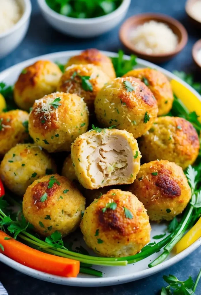 A plate piled high with golden brown chicken meatballs. Some meatballs are cut in half, revealing a tender and juicy interior. The meatballs are sprinkled with fresh parsley and grated Parmesan cheese. The dish looks delicious and perfect for a party or a hearty appetizer.