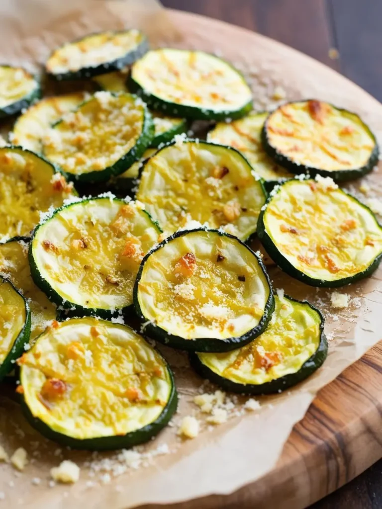 A platter of crispy roasted zucchini slices, seasoned with garlic, herbs, and Parmesan cheese. The zucchini is golden brown and looks delicious.