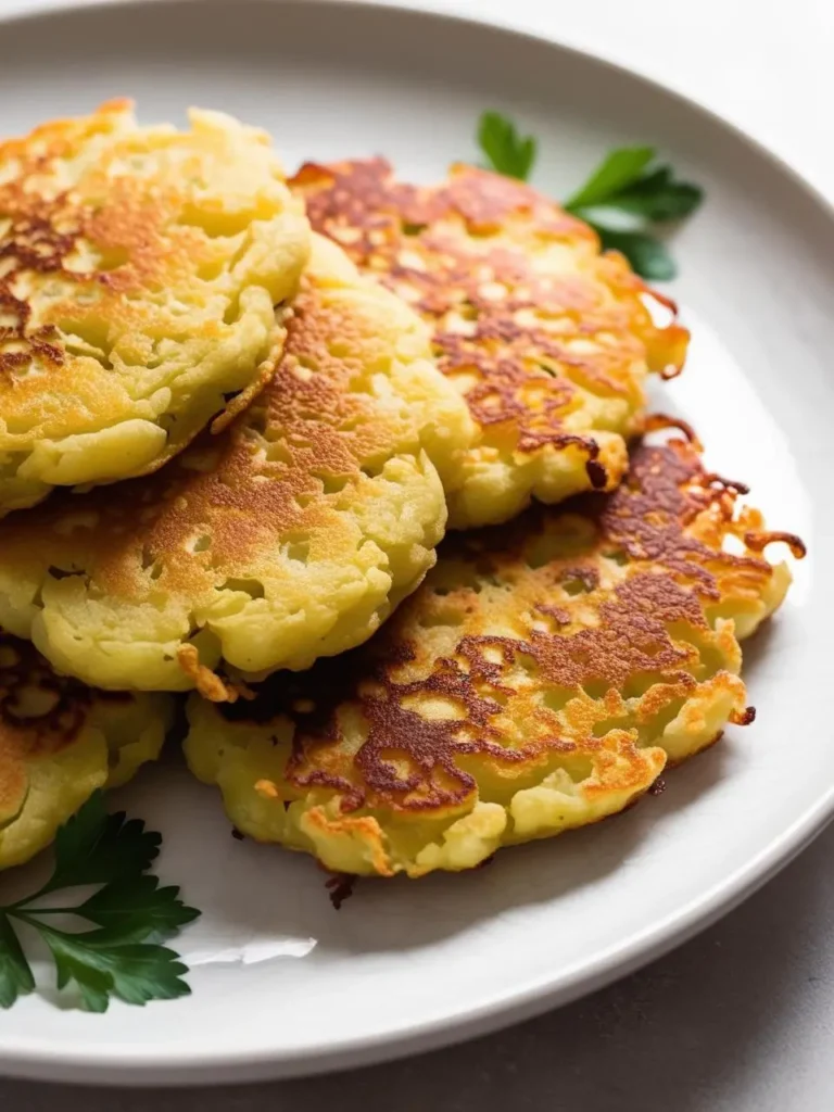 A stack of golden brown potato pancakes on a white plate. The pancakes have a crispy exterior and a fluffy interior, and are garnished with fresh parsley.