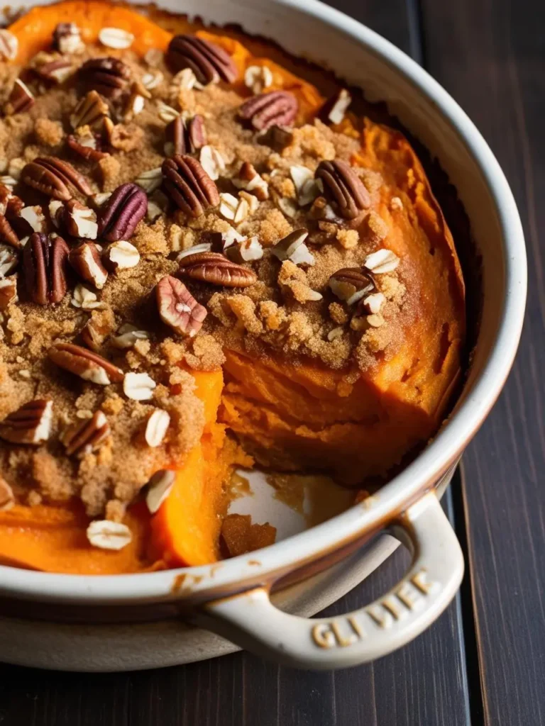 A golden-brown sweet potato casserole topped with a crumbly topping of oats, pecans, and brown sugar. The casserole is in a white ceramic dish and looks incredibly appetizing and perfect for a holiday meal.




