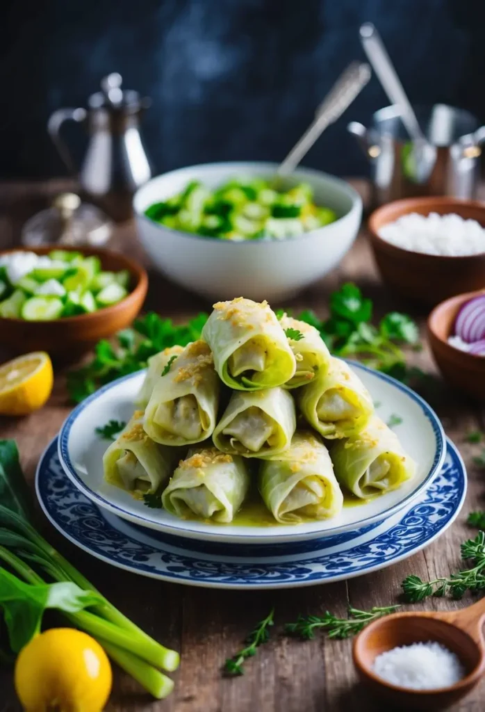 A table set with a platter of Greek Avgolemono cabbage rolls surrounded by fresh ingredients and cooking utensils