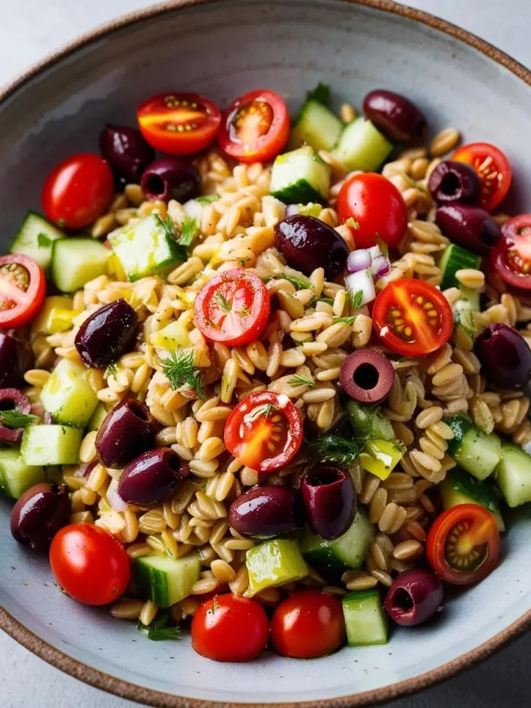 A vibrant Greek farro salad with cherry tomatoes, diced cucumber, Kalamata olives, and fresh herbs in a rustic bowl. The chewy farro is combined with the tangy olives and juicy vegetables, creating a colorful dish with a light dressing for a refreshing Mediterranean flavor.