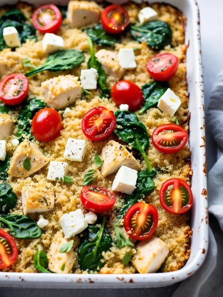 A close-up view of a colorful and healthy baked quinoa dish. The casserole is topped with diced chicken, cherry tomatoes, crumbled feta cheese, and fresh spinach leaves.