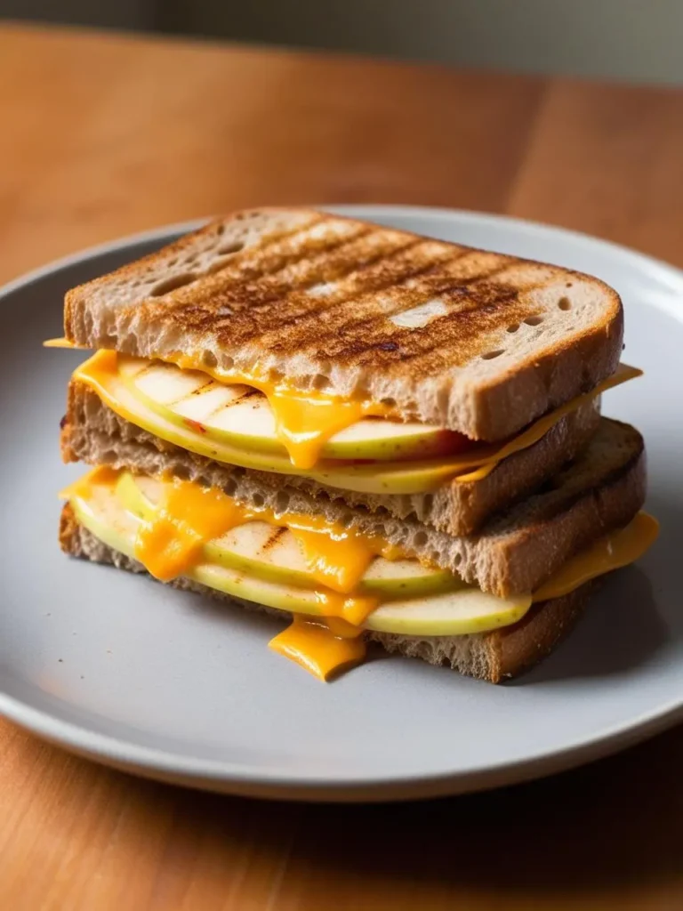 A mouthwatering grilled cheese sandwich filled with slices of melted cheese and caramelized apples. The sandwich is placed on a plate and has a crispy, golden-brown exterior.