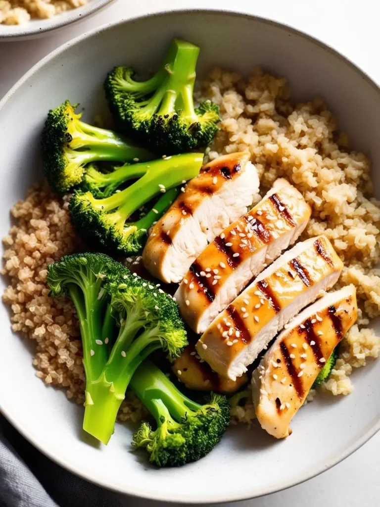 A bowl of grilled chicken, broccoli, and quinoa. The chicken is glazed with a teriyaki sauce and sprinkled with sesame seeds. The dish looks healthy and delicious.