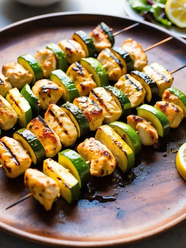 A platter of grilled chicken and zucchini skewers. The chicken is seasoned and cooked to perfection, and the zucchini is grilled until slightly charred. The skewers are arranged neatly on a wooden platter, and lemon wedges and a side salad are visible in the background. The image looks incredibly appetizing and perfect for a summer barbecue.