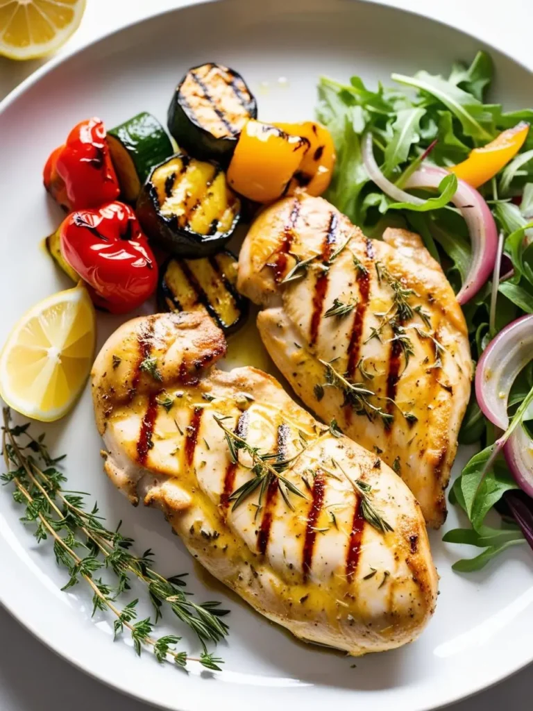 A plate of grilled chicken breasts. The chicken is perfectly cooked with grill marks and garnished with fresh thyme sprigs. It's served alongside a colorful medley of grilled vegetables, including zucchini, bell peppers, and cherry tomatoes. The dish looks light, healthy, and delicious.