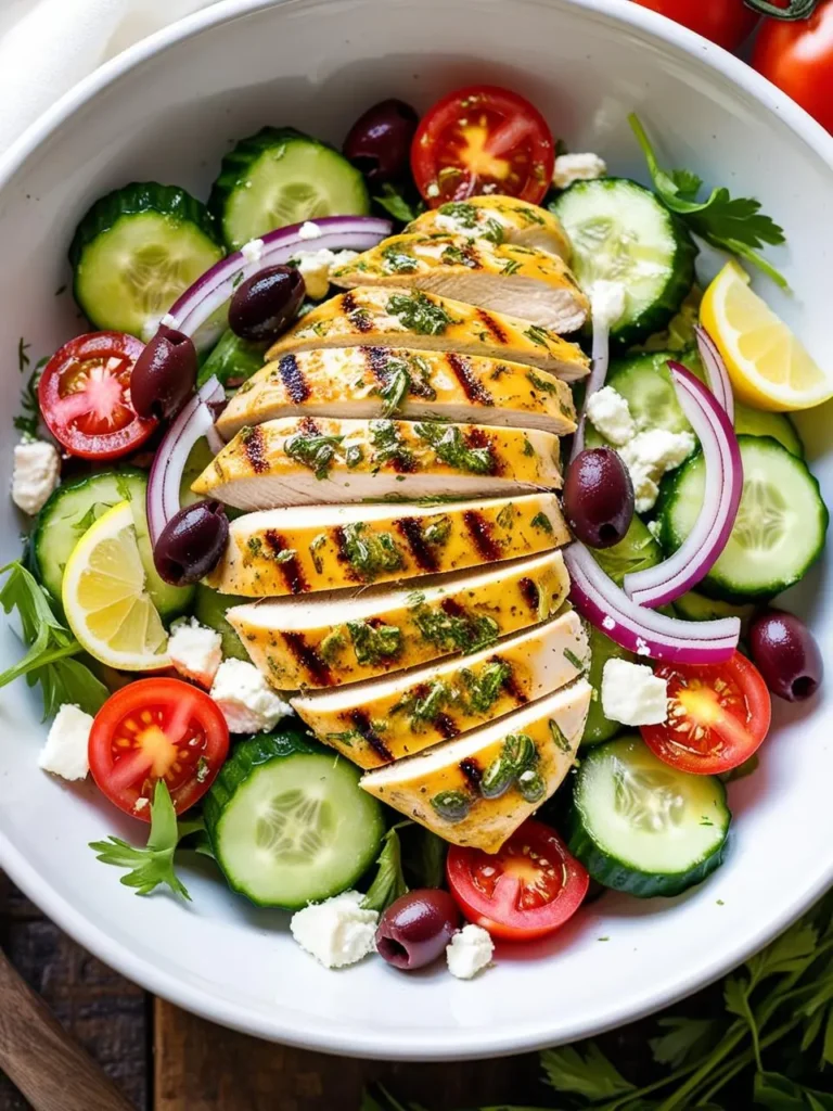 A vibrant Greek salad with grilled chicken. The salad features fresh cucumbers, tomatoes, red onions, olives, feta cheese, and a bed of lettuce. The grilled chicken is sliced and placed on top, adding protein and flavor to the dish.