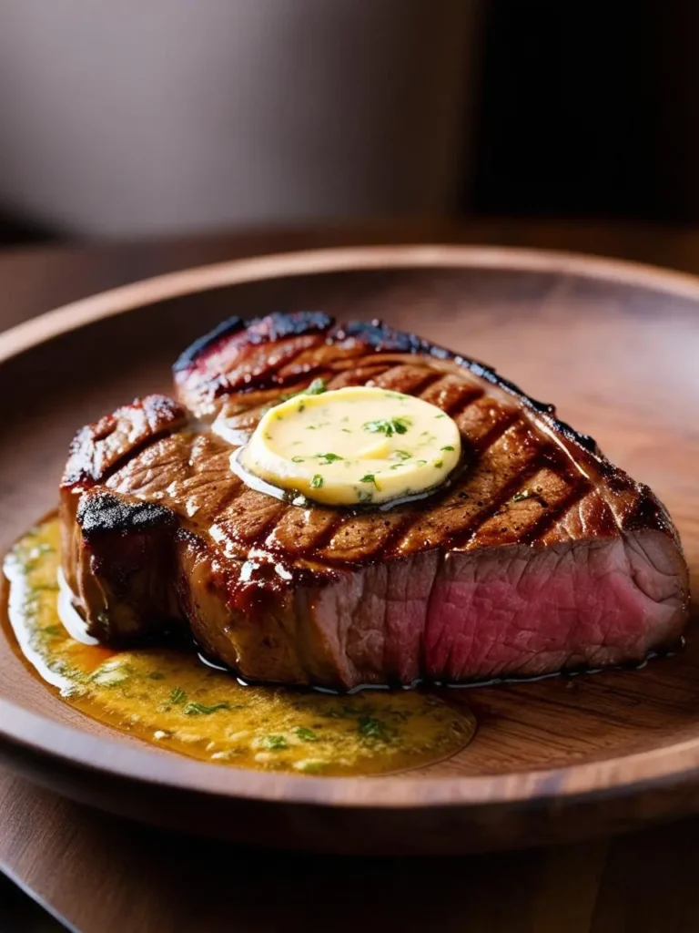 A perfectly cooked steak with a juicy center and a crispy crust. A pat of melted butter with herbs rests on top, adding a touch of richness. The steak is plated on a wooden board, showcasing its deliciousness.