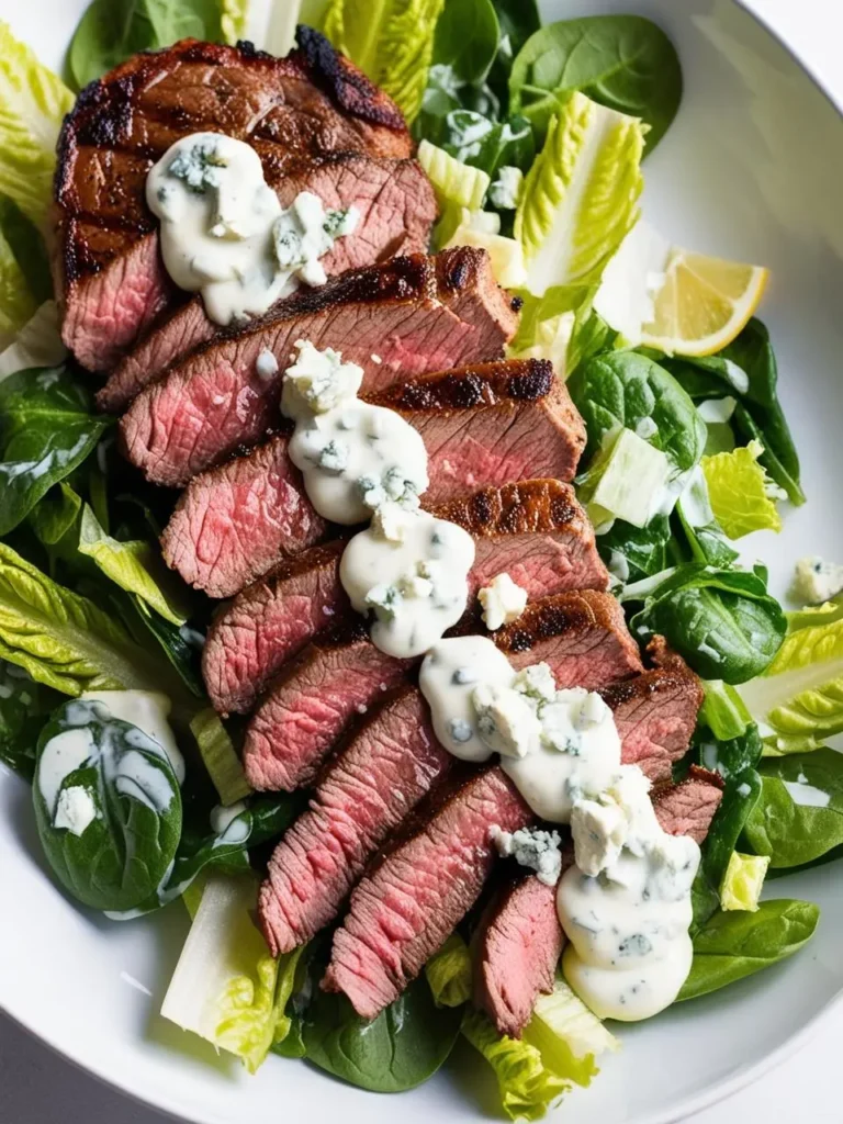 A plate of a grilled steak salad. The salad features a bed of fresh spinach topped with perfectly grilled steak slices, crumbled blue cheese, and a drizzle of creamy blue cheese dressing. It looks like a hearty and flavorful meal.