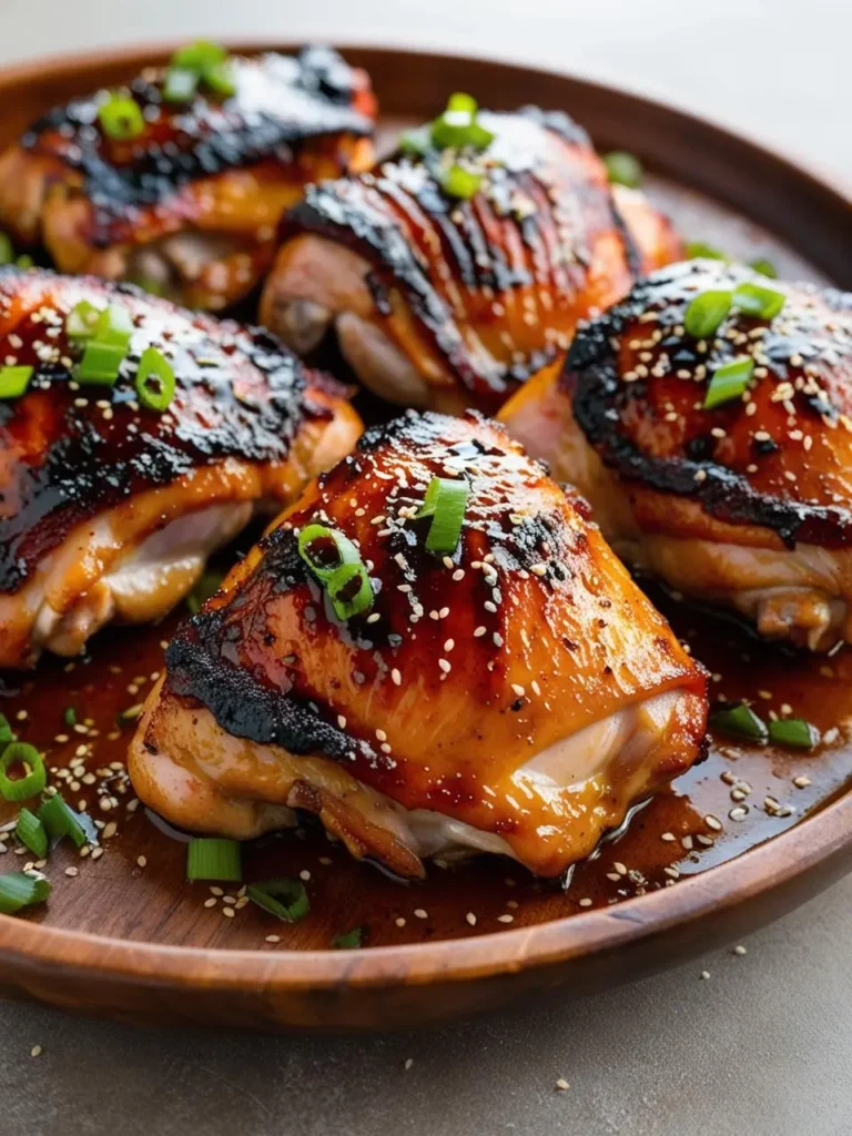 A platter of juicy, golden-brown chicken thighs glazed with a sweet and savory sauce. The thighs are sprinkled with sesame seeds and green onions, adding a touch of flavor and color. The dish looks incredibly appetizing and perfect for a weeknight dinner or a special occasion.