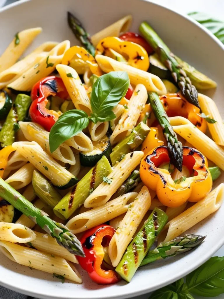 A colorful pasta salad with penne, grilled asparagus, bell peppers, and fresh basil. The dish looks light, refreshing, and perfect for a summer meal.