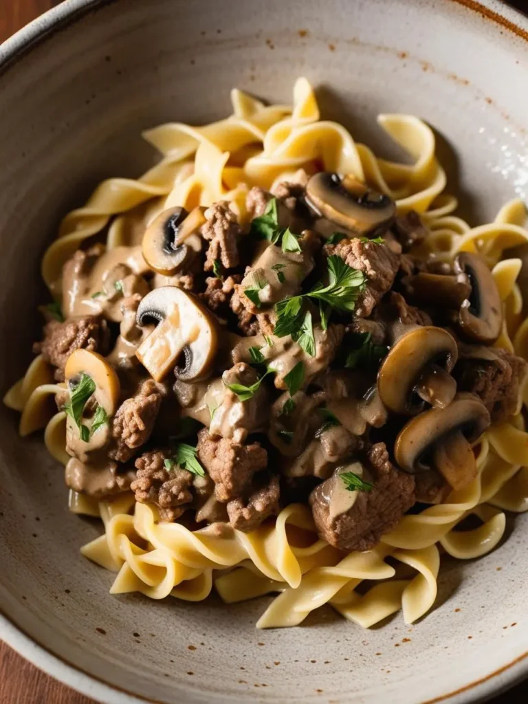 A bowl of beef stroganoff served over egg noodles. The dish is topped with fresh parsley and is filled with tender pieces of beef, mushrooms, and a creamy sauce. It looks delicious and inviting.