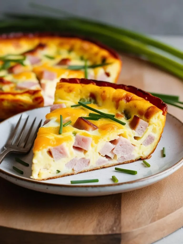 A slice of crustless quiche filled with ham, cheese, and vegetables. The quiche is golden brown and topped with fresh chives.