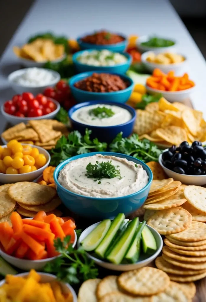 A festive charcuterie board with a variety of dips, crackers, vegetables, and olives. The dips include hummus, salsa, and a creamy dip, while the vegetables include cherry tomatoes, carrots, cucumbers, and bell peppers. The board is perfect for entertaining guests or a casual snack.