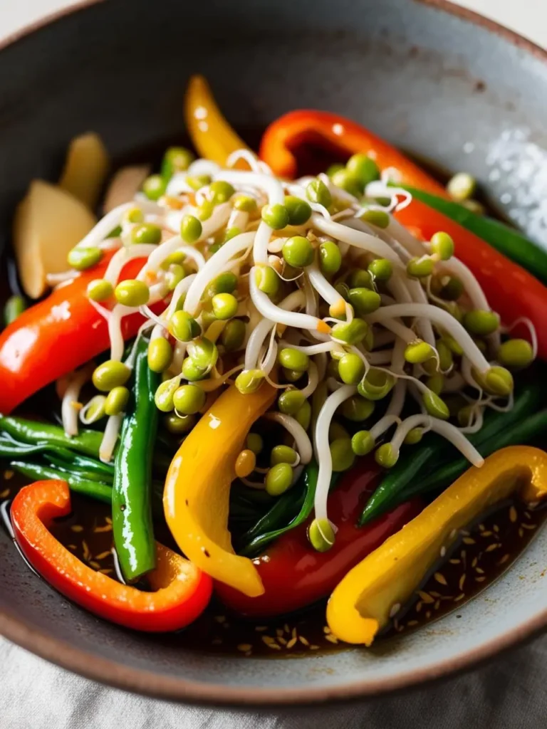 A vibrant and colorful stir-fry featuring bell peppers, green beans, mung bean sprouts, and scallions. The vegetables are tossed in a flavorful sauce and look delicious and healthy.