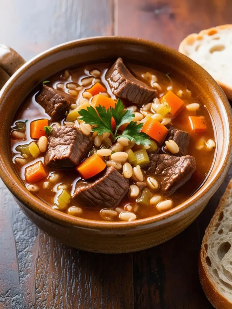 A bowl of hearty beef barley soup with tender chunks of beef, barley, carrots, and celery. The soup is served with a side of crusty bread, making it a perfect winter meal.