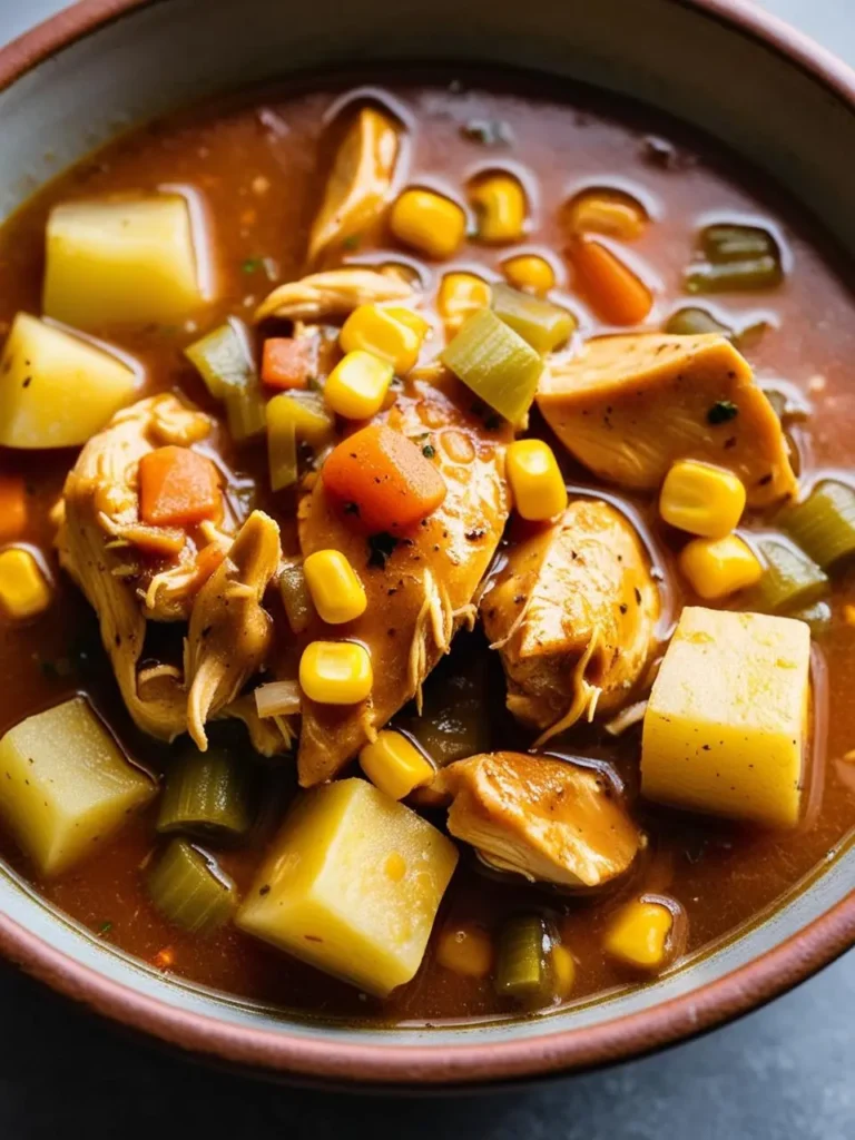 A bowl of hearty chicken stew. The stew is filled with chunks of tender chicken, potatoes, corn, carrots, and other vegetables, all simmered in a rich and flavorful broth. It looks like a comforting and satisfying meal.