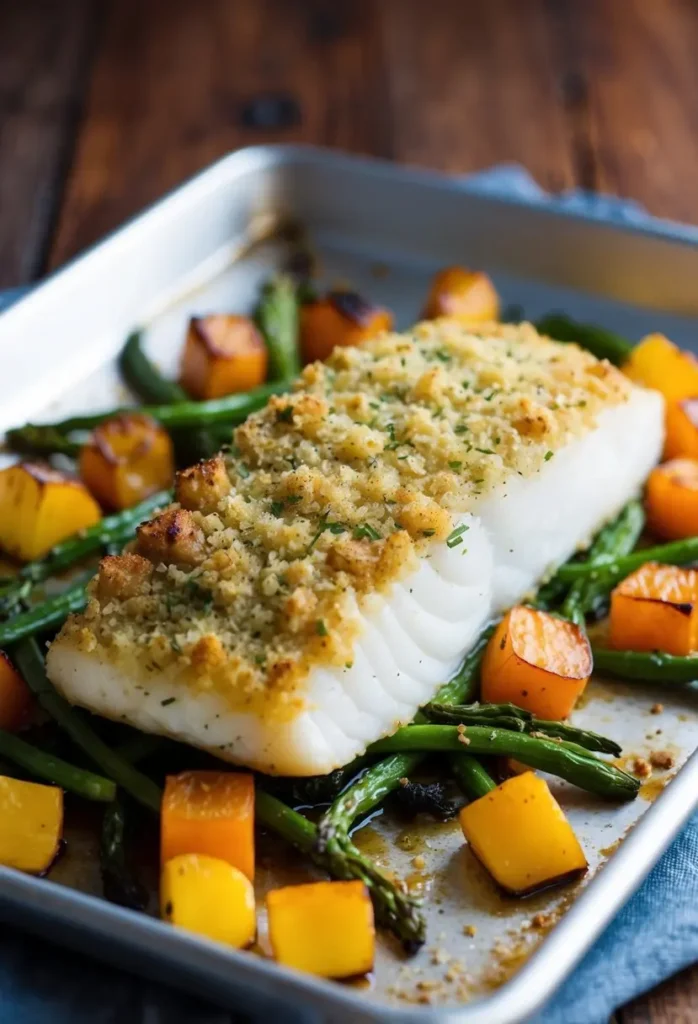 A sheet pan filled with a delicious and healthy meal. A large piece of baked cod is topped with a golden brown breadcrumb crust. The fish is surrounded by roasted asparagus and butternut squash.