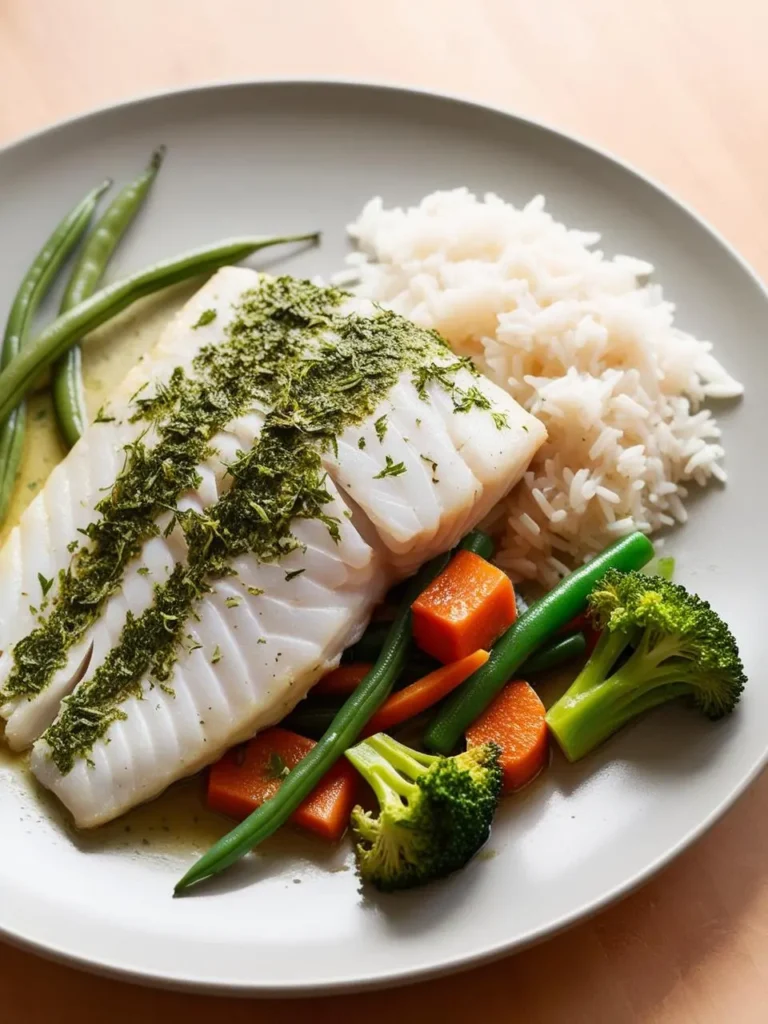 A plate of pan-seared Chilean sea bass topped with a vibrant green herb crust. The fish is served alongside a bed of fluffy white rice and a medley of roasted vegetables, including carrots, green beans, and broccoli. The dish looks light, healthy, and incredibly flavorful.