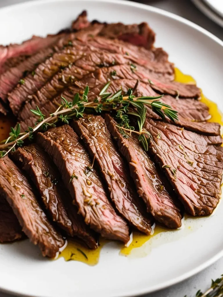 A plate of London Broil, thinly sliced and arranged on a platter. The beef is beautifully browned and seasoned, with a sprig of rosemary resting on top. It looks like a delicious and satisfying meal.